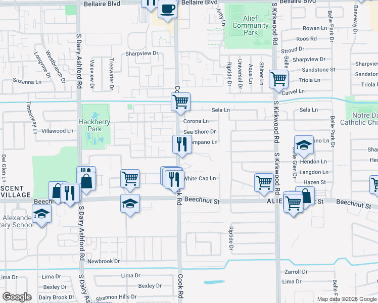 map of restaurants, bars, coffee shops, grocery stores, and more near 7783 Cook Road in Houston