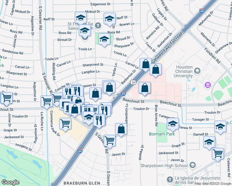 map of restaurants, bars, coffee shops, grocery stores, and more near 8002 Beechnut Street in Houston
