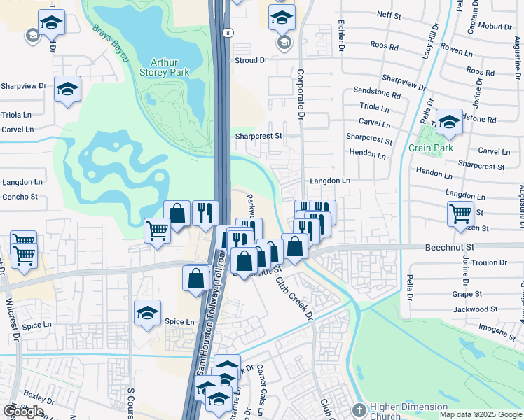 map of restaurants, bars, coffee shops, grocery stores, and more near 7909 Parkwood Circle Drive in Houston
