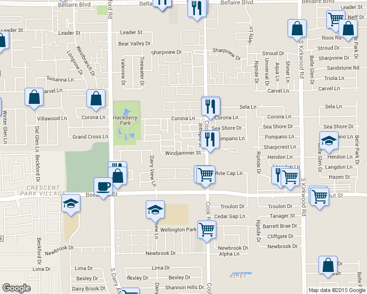 map of restaurants, bars, coffee shops, grocery stores, and more near 7829 Pacific Pearl Street in Houston