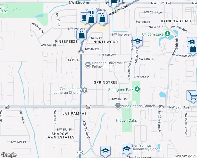 map of restaurants, bars, coffee shops, grocery stores, and more near 4207 Northwest 32nd Street in Gainesville