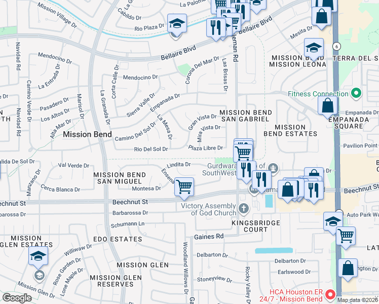 map of restaurants, bars, coffee shops, grocery stores, and more near 15315 Plaza Libre Drive in Houston