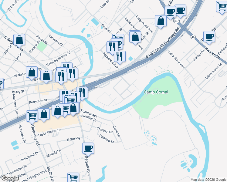 map of restaurants, bars, coffee shops, grocery stores, and more near 217 Santiago Street in New Braunfels