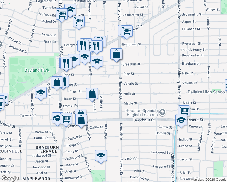 map of restaurants, bars, coffee shops, grocery stores, and more near 5510 Holly Street in Houston