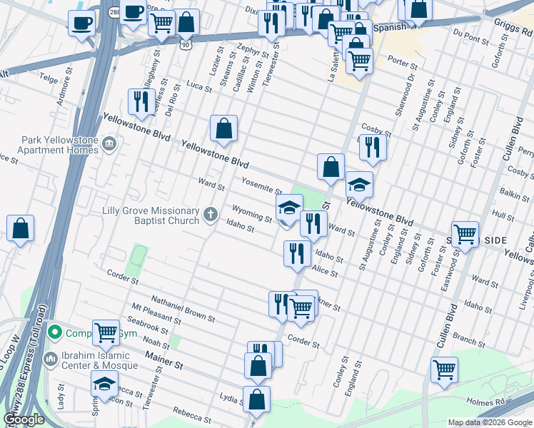 map of restaurants, bars, coffee shops, grocery stores, and more near 3719 Wyoming St in Houston