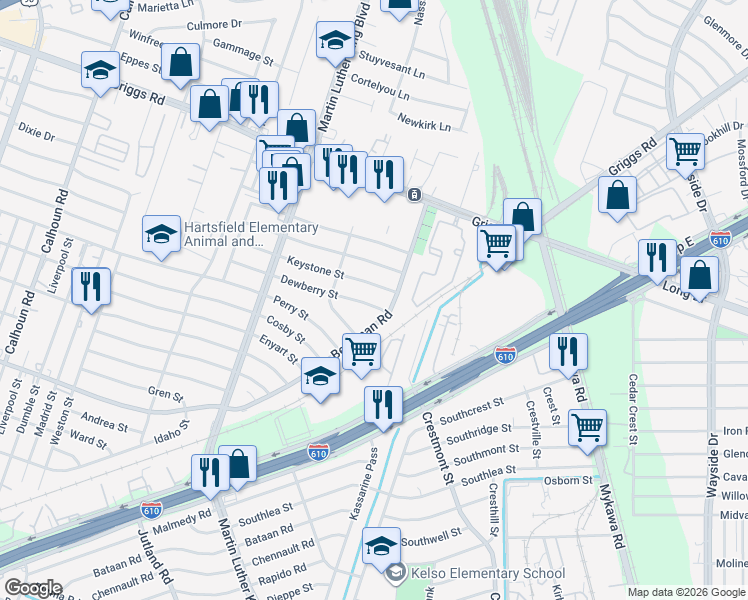 map of restaurants, bars, coffee shops, grocery stores, and more near 5339 Dewberry Street in Houston