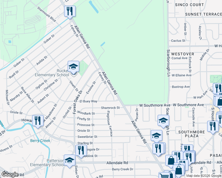 map of restaurants, bars, coffee shops, grocery stores, and more near 5231 Falvey Street in Houston
