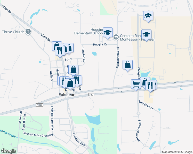 map of restaurants, bars, coffee shops, grocery stores, and more near 8509 Syms Street in Fulshear