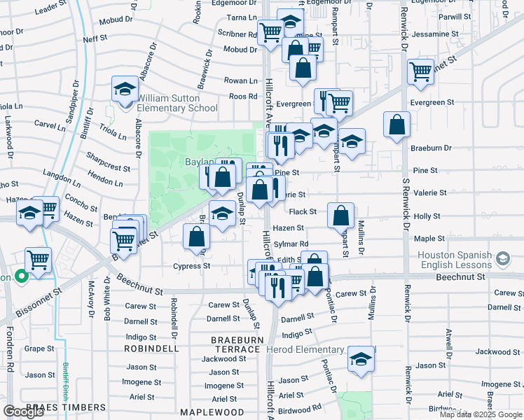 map of restaurants, bars, coffee shops, grocery stores, and more near 7930 Hillcroft Avenue in Houston