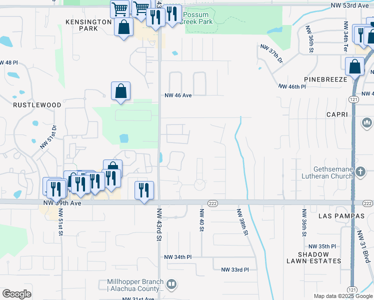 map of restaurants, bars, coffee shops, grocery stores, and more near 4151 Northwest 43rd Street in Gainesville