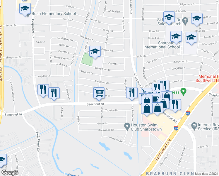 map of restaurants, bars, coffee shops, grocery stores, and more near 8914 Concho Street in Houston