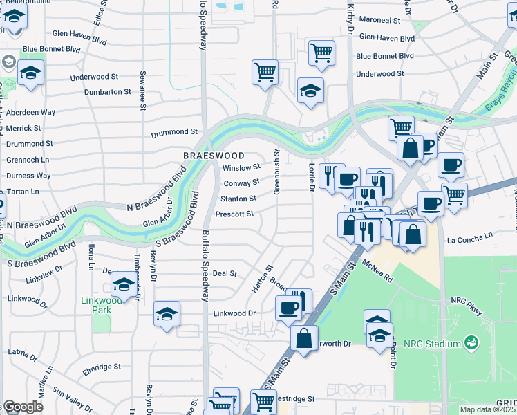 map of restaurants, bars, coffee shops, grocery stores, and more near 3018 Prescott Street in Houston