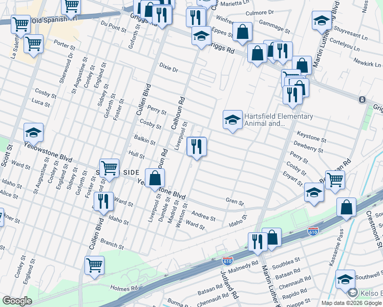 map of restaurants, bars, coffee shops, grocery stores, and more near 4715 Balkin Street in Houston