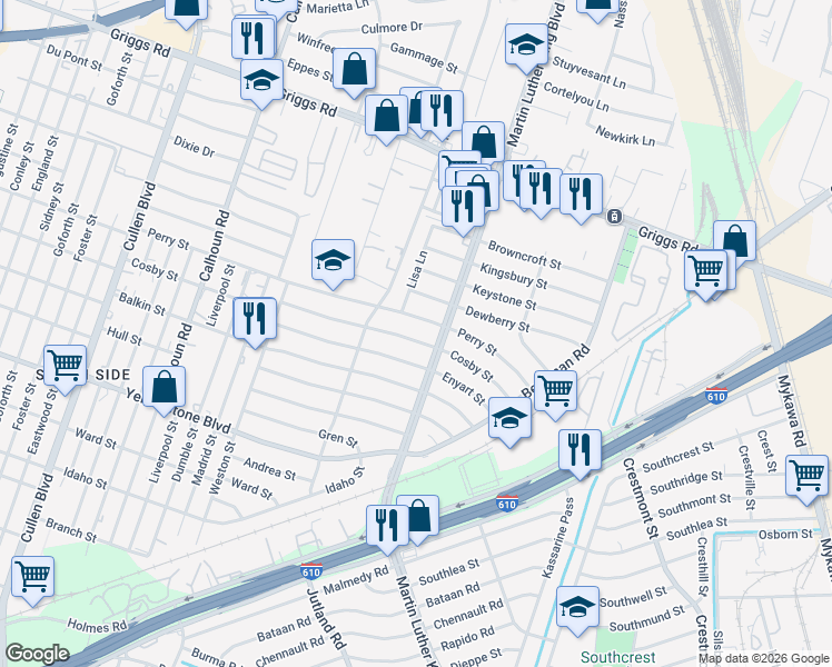 map of restaurants, bars, coffee shops, grocery stores, and more near 5139 Cosby Street in Houston