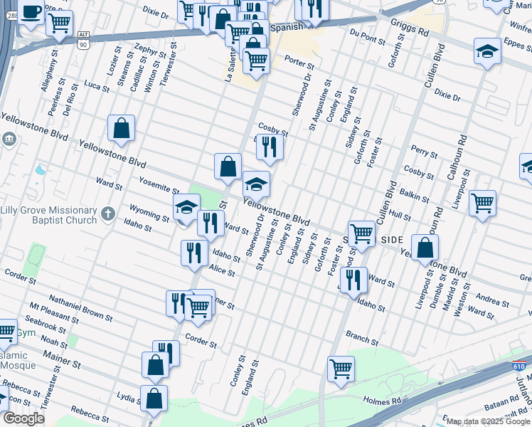 map of restaurants, bars, coffee shops, grocery stores, and more near 6705 Sherwood Drive in Houston