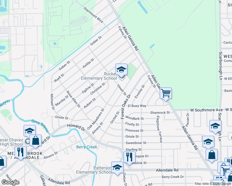 map of restaurants, bars, coffee shops, grocery stores, and more near 919 Oak Meadows Street in Houston