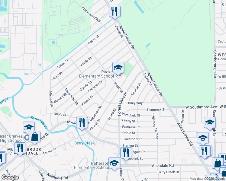 map of restaurants, bars, coffee shops, grocery stores, and more near 919 Oak Meadows Street in Houston