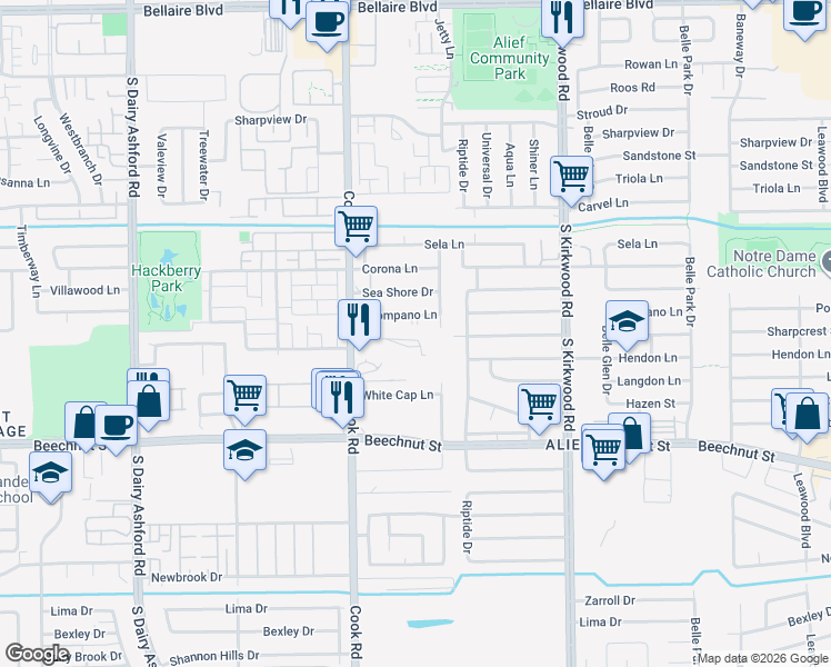 map of restaurants, bars, coffee shops, grocery stores, and more near 7819 Cook Road in Houston