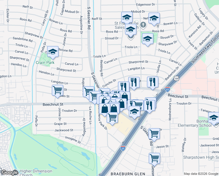 map of restaurants, bars, coffee shops, grocery stores, and more near 8522 Hazen Street in Houston