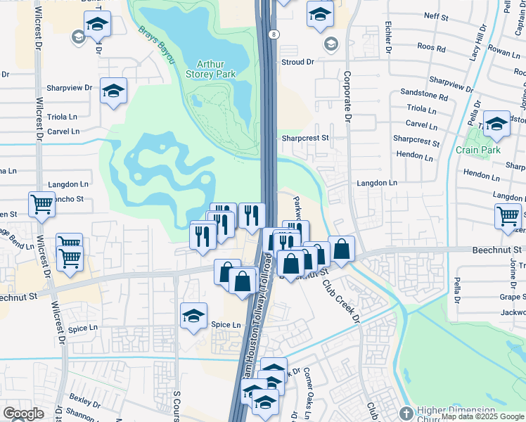 map of restaurants, bars, coffee shops, grocery stores, and more near Texas 8 Beltway in Houston