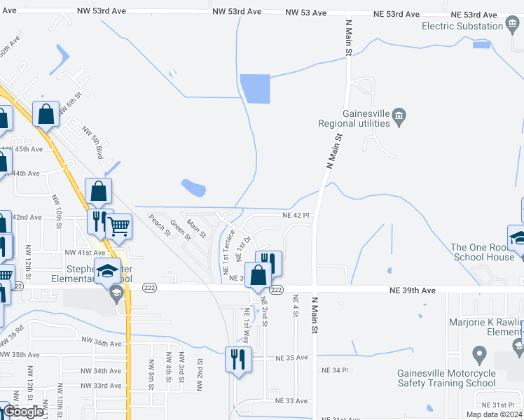 map of restaurants, bars, coffee shops, grocery stores, and more near 132 Northeast 42 Place in Gainesville