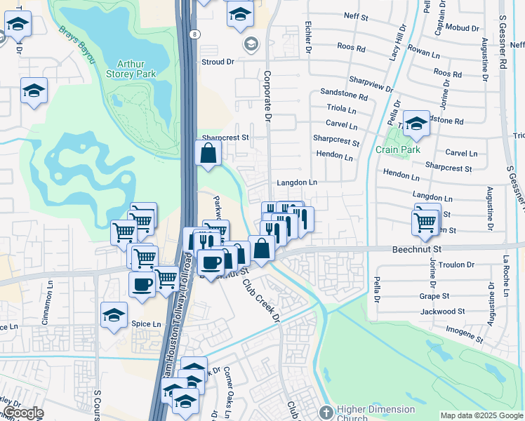 map of restaurants, bars, coffee shops, grocery stores, and more near 7930 Corporate Drive in Houston
