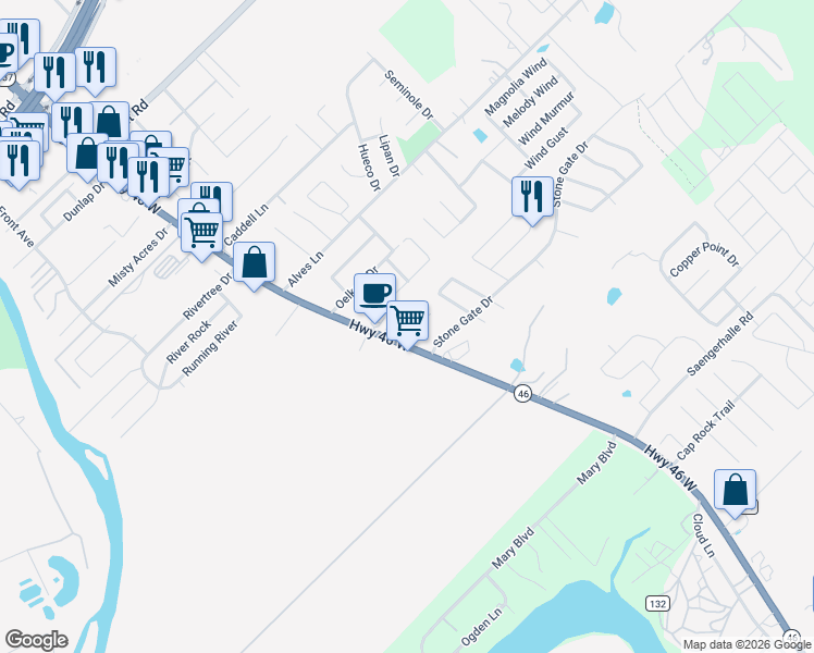 map of restaurants, bars, coffee shops, grocery stores, and more near 212 Sapphire Drive in New Braunfels