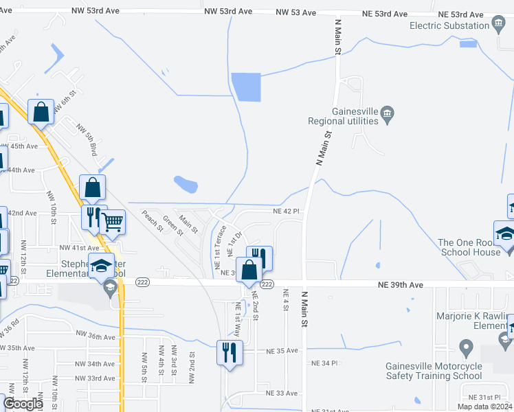 map of restaurants, bars, coffee shops, grocery stores, and more near 122 Northeast 42 Place in Gainesville