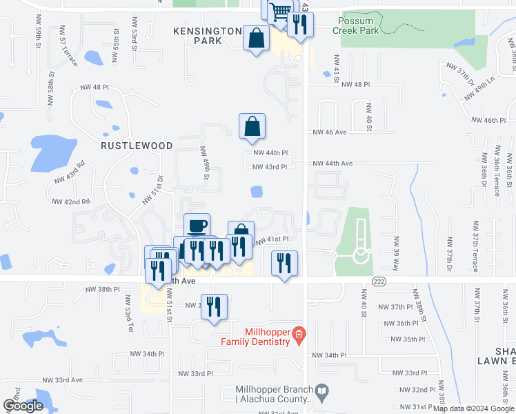 map of restaurants, bars, coffee shops, grocery stores, and more near 4527 Northwest 41st Lane in Gainesville