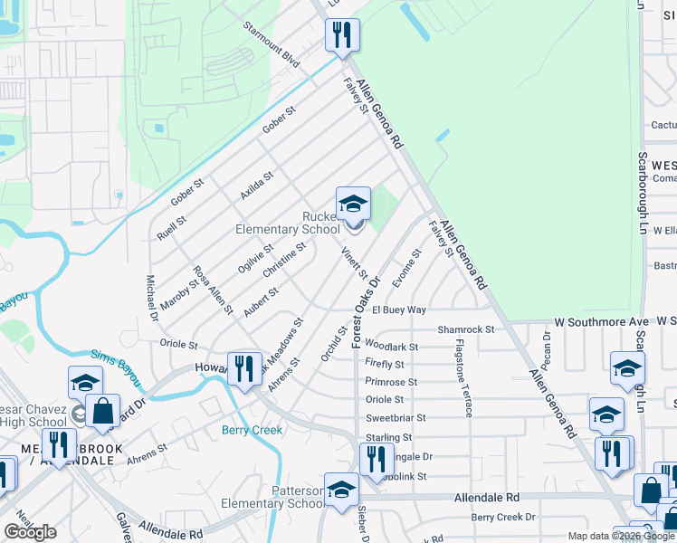 map of restaurants, bars, coffee shops, grocery stores, and more near 919 Oak Meadows Street in Houston