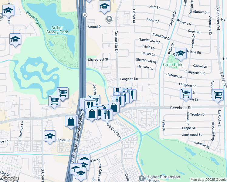 map of restaurants, bars, coffee shops, grocery stores, and more near 7930 Corporate Drive in Houston