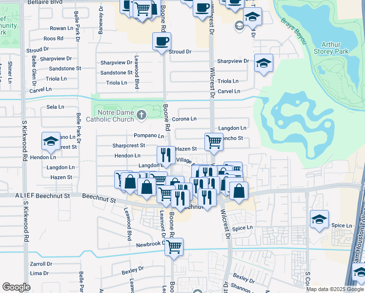 map of restaurants, bars, coffee shops, grocery stores, and more near 11106 Hazen Street in Houston
