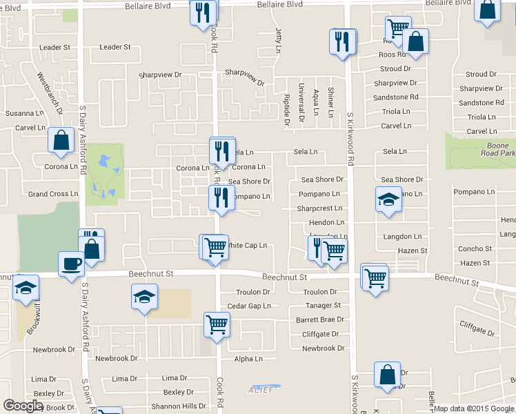 map of restaurants, bars, coffee shops, grocery stores, and more near 7819 Cook Road in Houston