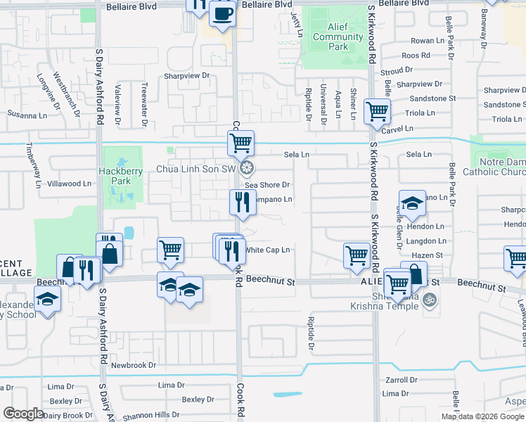 map of restaurants, bars, coffee shops, grocery stores, and more near 7783 Cook Road in Houston