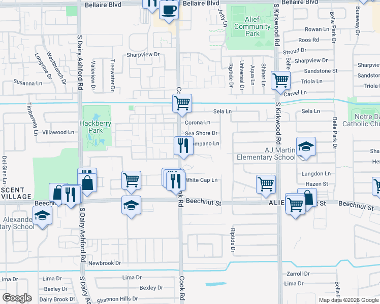 map of restaurants, bars, coffee shops, grocery stores, and more near 7783 Cook Road in Houston