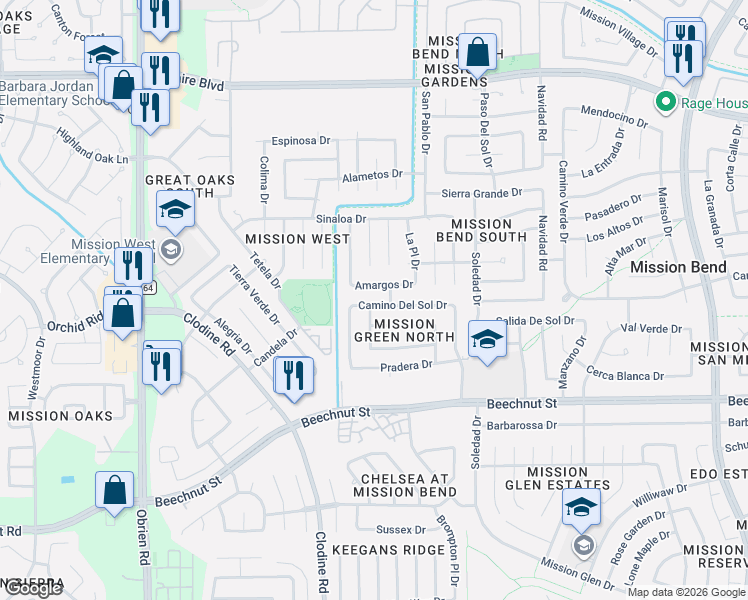 map of restaurants, bars, coffee shops, grocery stores, and more near 16502 Camino Del Sol Drive in Houston