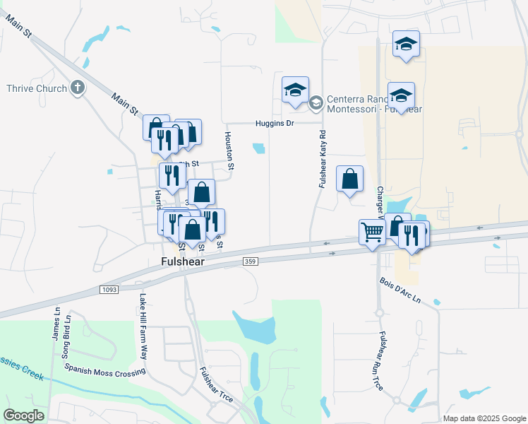 map of restaurants, bars, coffee shops, grocery stores, and more near 8509 Syms Street in Fulshear
