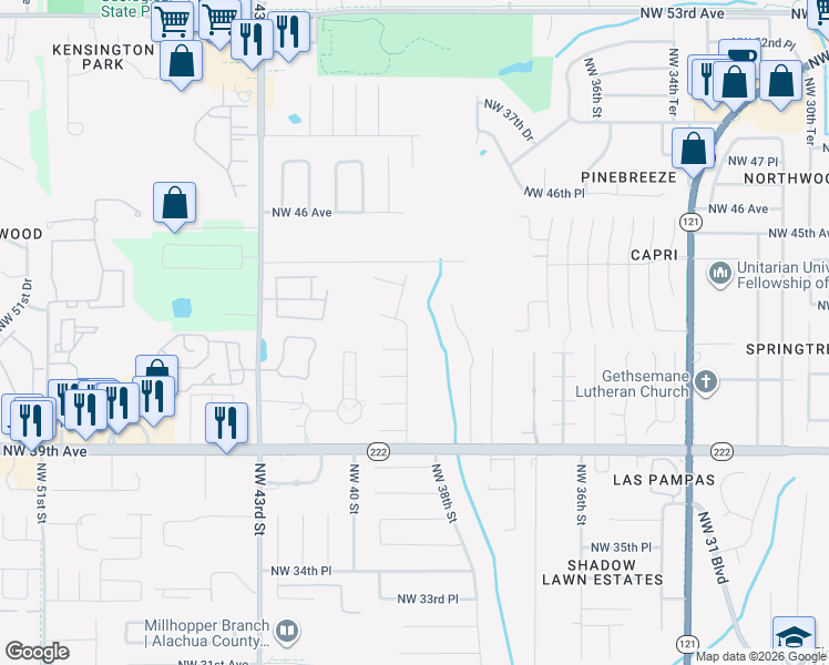 map of restaurants, bars, coffee shops, grocery stores, and more near 4209 Northwest 39 Way in Gainesville