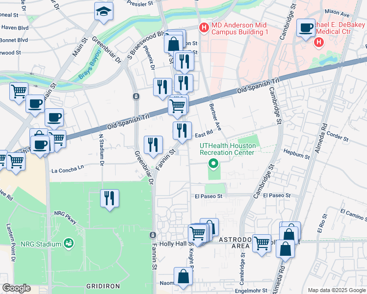 map of restaurants, bars, coffee shops, grocery stores, and more near 7505 Fannin Street in Houston
