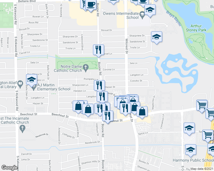map of restaurants, bars, coffee shops, grocery stores, and more near 11106 Hazen Street in Houston