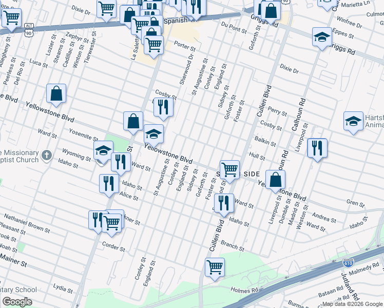 map of restaurants, bars, coffee shops, grocery stores, and more near 6633 England Street in Houston