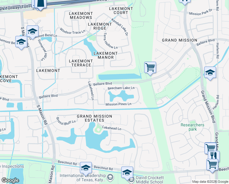 map of restaurants, bars, coffee shops, grocery stores, and more near 7406 Beecham Lake Court in Richmond