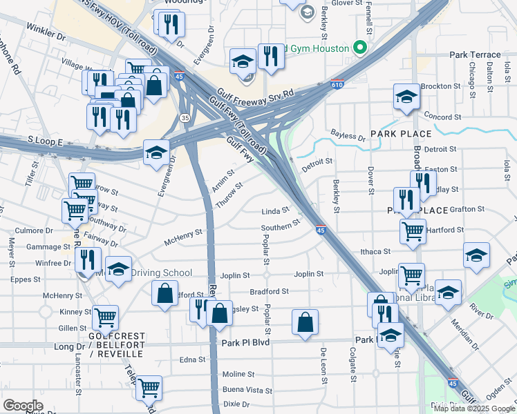 map of restaurants, bars, coffee shops, grocery stores, and more near 7657 Linda St in Houston