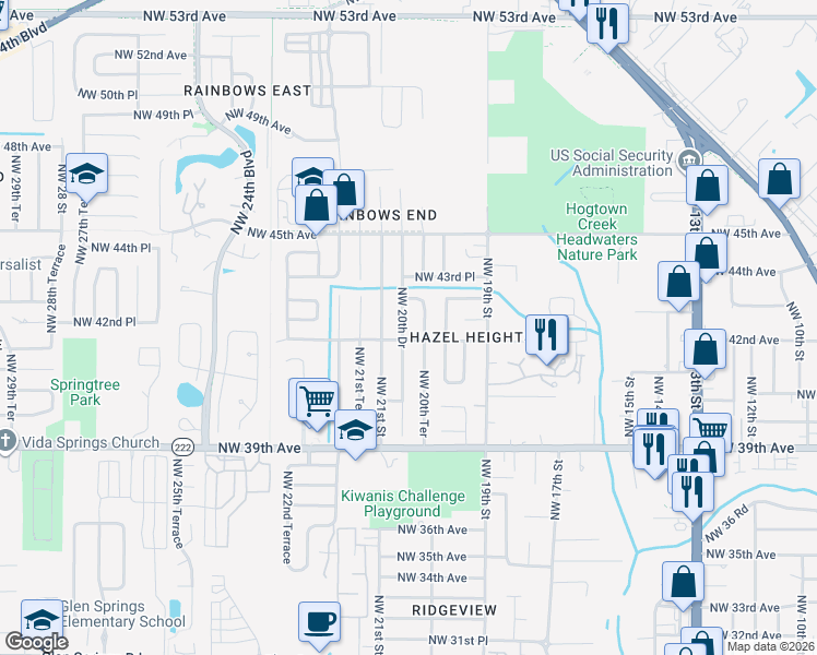 map of restaurants, bars, coffee shops, grocery stores, and more near 2030 Northwest 42 Avenue in Gainesville