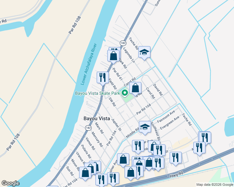map of restaurants, bars, coffee shops, grocery stores, and more near 336 Field Road in Morgan City
