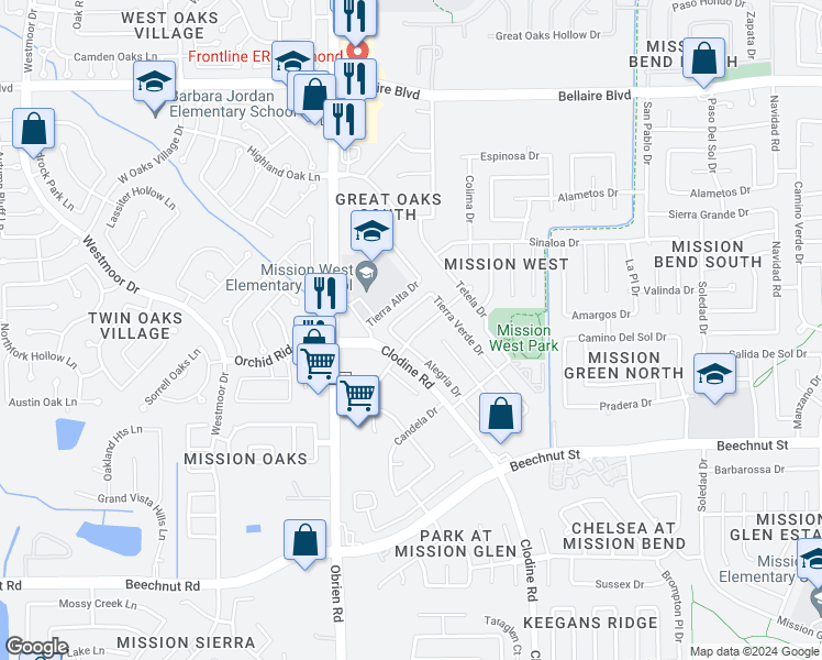 map of restaurants, bars, coffee shops, grocery stores, and more near 17108 Pastoria Drive in Houston