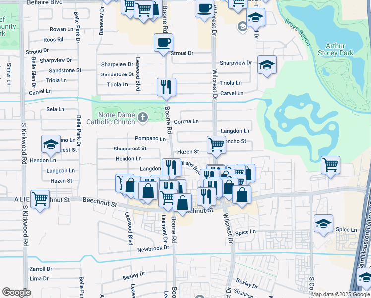 map of restaurants, bars, coffee shops, grocery stores, and more near 11106 Hazen Street in Houston