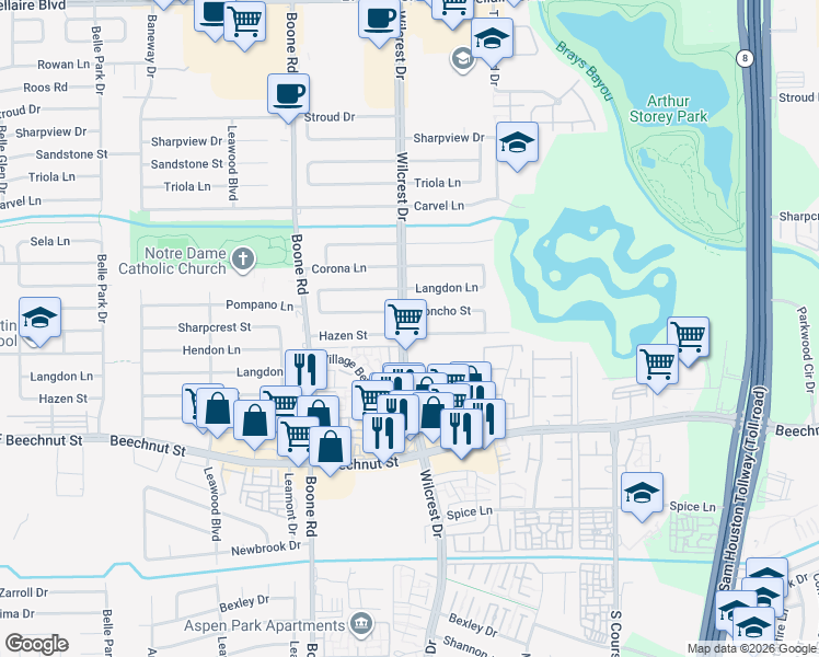 map of restaurants, bars, coffee shops, grocery stores, and more near 10834 Hazen Street in Houston