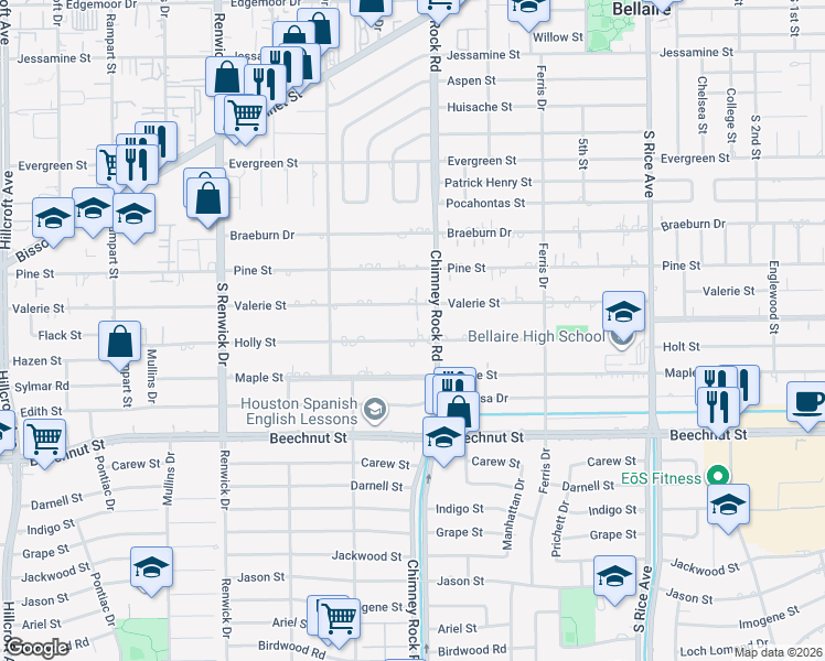 map of restaurants, bars, coffee shops, grocery stores, and more near 5300 Holly Street in Bellaire