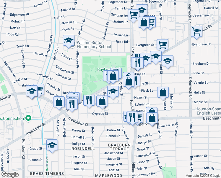 map of restaurants, bars, coffee shops, grocery stores, and more near 5902 Holly Street in Houston